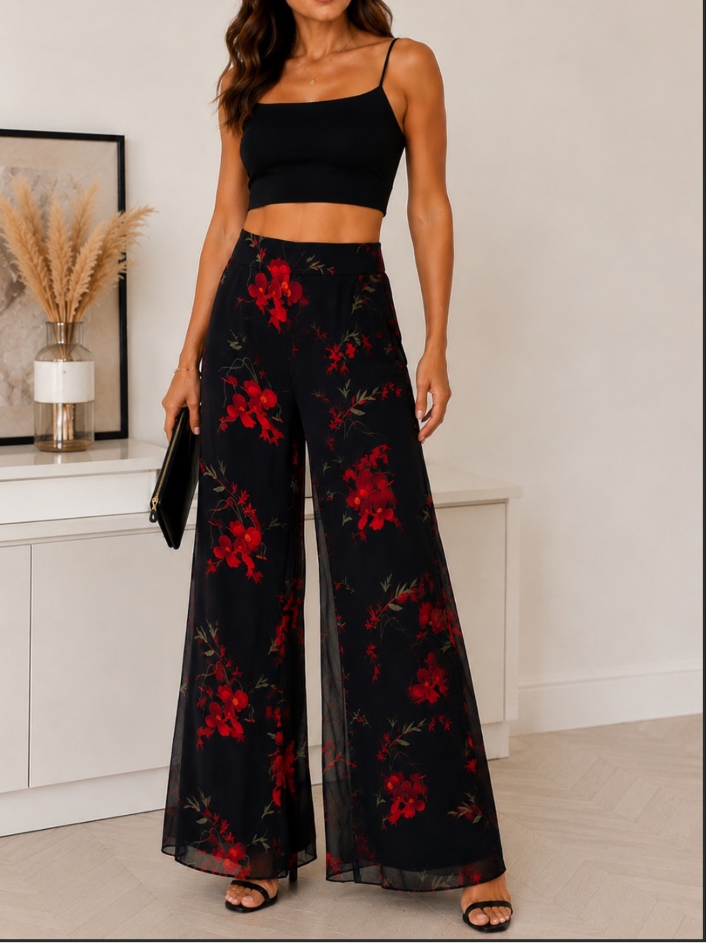 Joseph Ribkoff 90s Floral Wide Leg Sheer Overlay Pants High Rise Palazzo Small